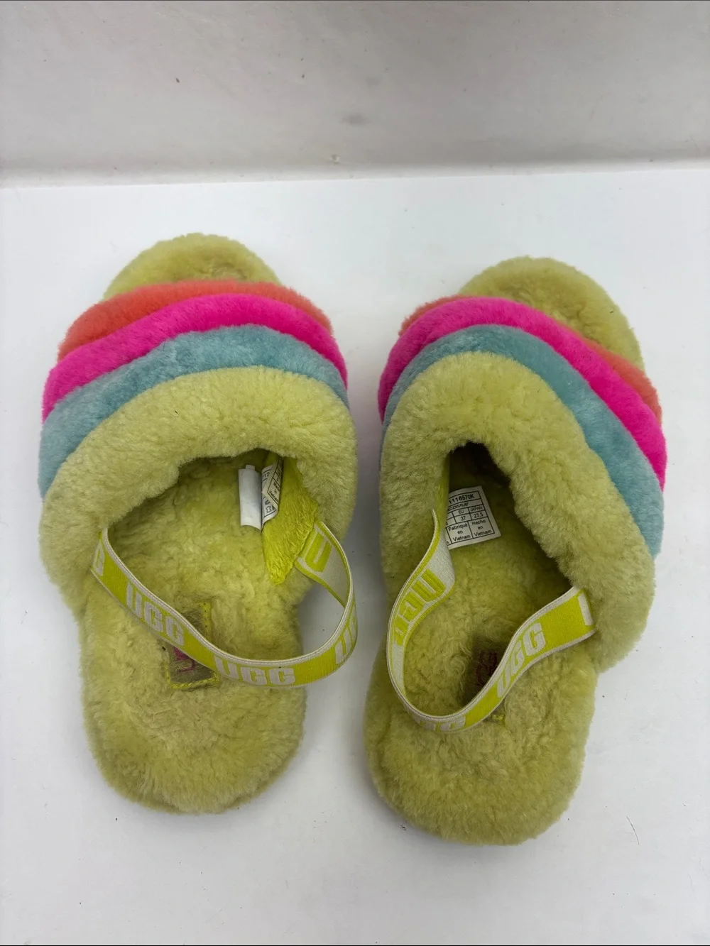 UGG Kids Multicolor Plush Slide Sandals, SZ 5 big girl, box 78